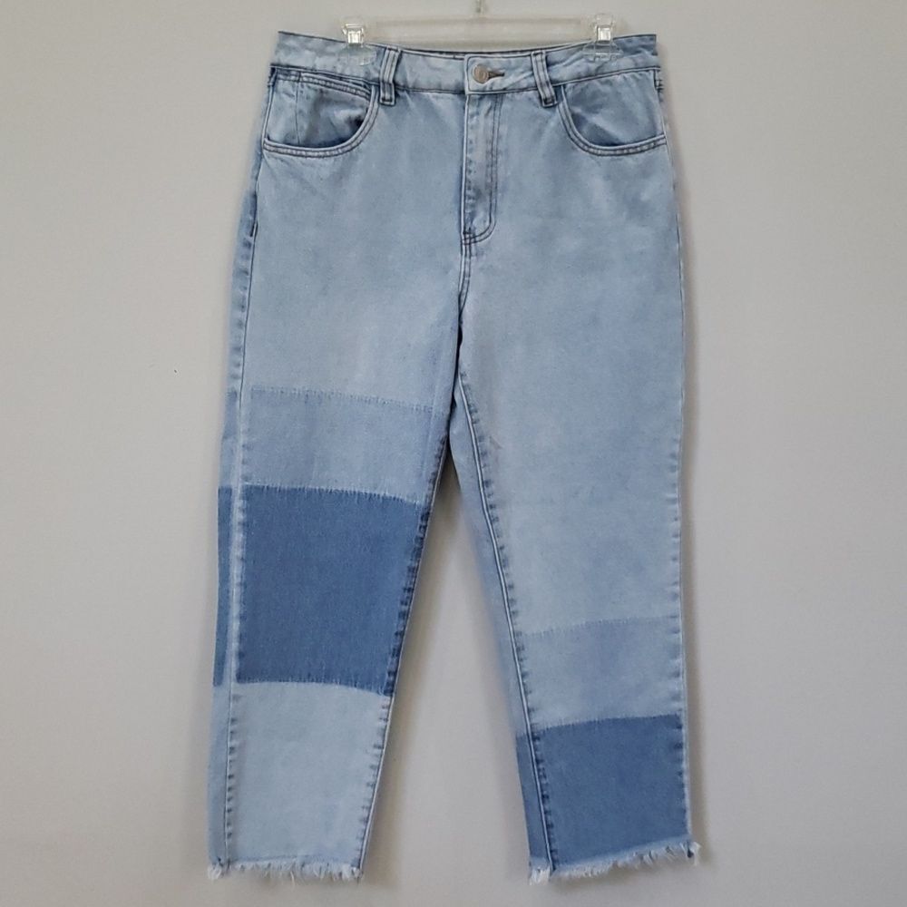 Rue 21 Jeans Womens sz 12 Patchwork Ombre Straight Crop Frayed Hem Denim